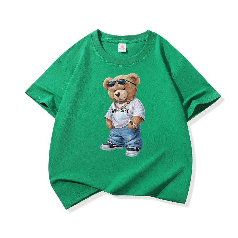 Hip Hop Style Bear With Sunglasses Graphic Tee Kids Pure Cotton Crew Neck T Shirt Short Sleeve Muticolor Tops Boys Girls Child