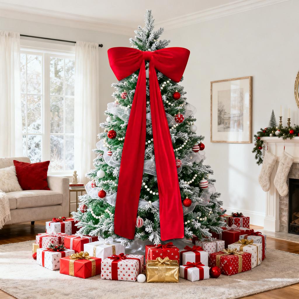 Large Size Red Velvet Christmas Bow Long Ribbon Tree Topper Decoration for Xmas Home Indoor Outdoor Door Decor