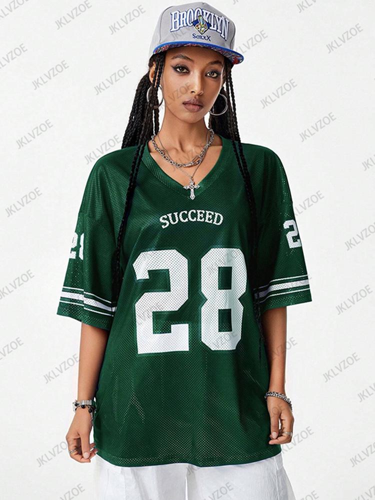 2025 Summer New Blue Succeed Print T-Shirt For Women V-Neck Short Sleeve Sports Football Jersey Y2K Casual Loose Oversized Tops