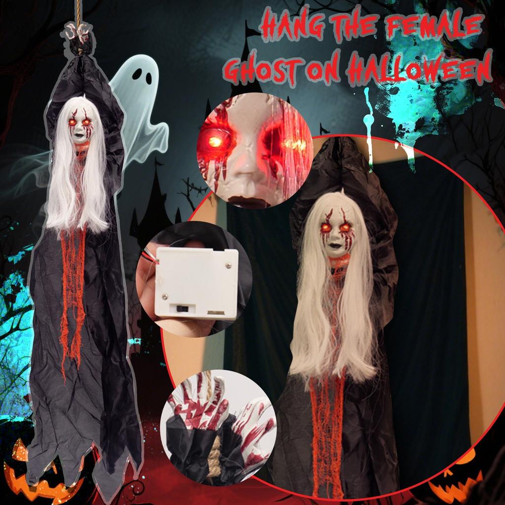 Halloween Decor Hanging Witch Skeleton , Scary Flying For Outdoor Halloween Decorations, Grim Reapers With Glowing Eyes For Haunted House Decor, Pati