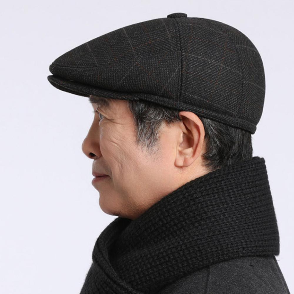 HT4980 Mens Berets Vintage Plaid Beret Hat Thick Warm Autumn Winter Hats for Men Dad Grandfather Flat Cap Male Earflap Beret Cap