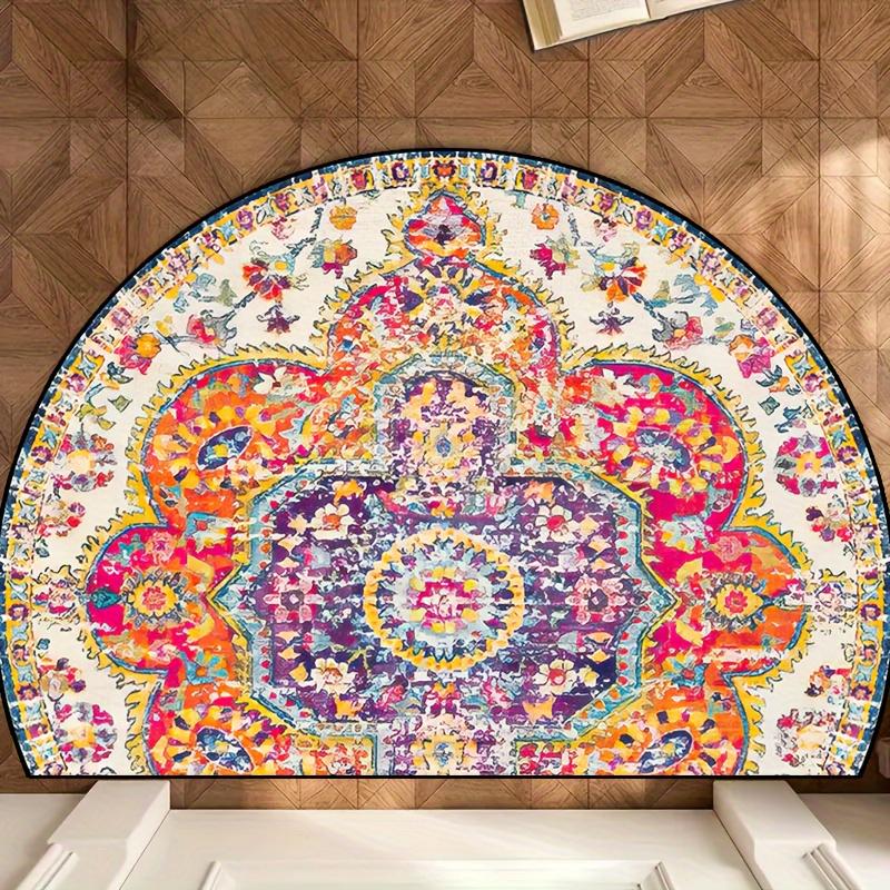 Luxury Bohemian Mandala Half Round Door Mat Jewel Floral Design 2D Flat Non Slip Machine Washable Floor Rug for Entryway Bedroom Home Decor