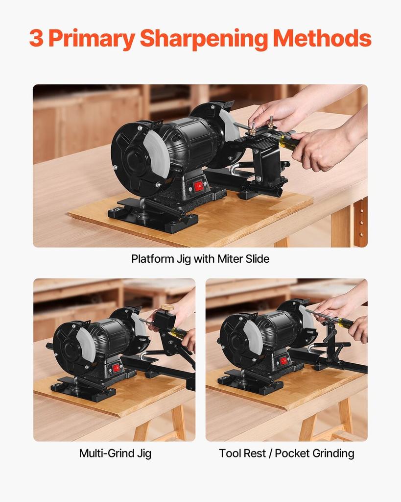 Pro Grind Sharpening System, Multi-Grind Sharpening Jig for 152mm & 203mm Bench Grinder - with Platform Jig, Tool Rest Bar, Setup Block, Miter Slide,