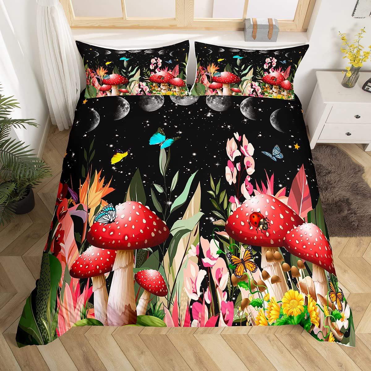 

Glitter Starry Sky Galaxy Duvet Cover Mushroom Butterfly Quilt Cover Microfiber Star Moon Palm Leaves Flowers Queen Bedding Set EU Single(135x200cm)