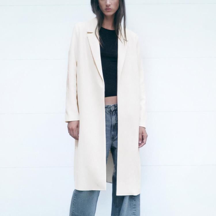 Zara Solid Color Mid-Length Long Sleeve Coat Women coats Off-White 2712660-746