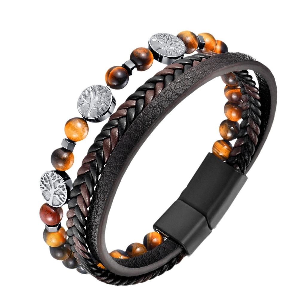 Brown Multi Layers Leather Bracelet for Men,New Style Tiger Eye Stone Beaded Handmade Leather Wristband,Gift for Husband Dad Him