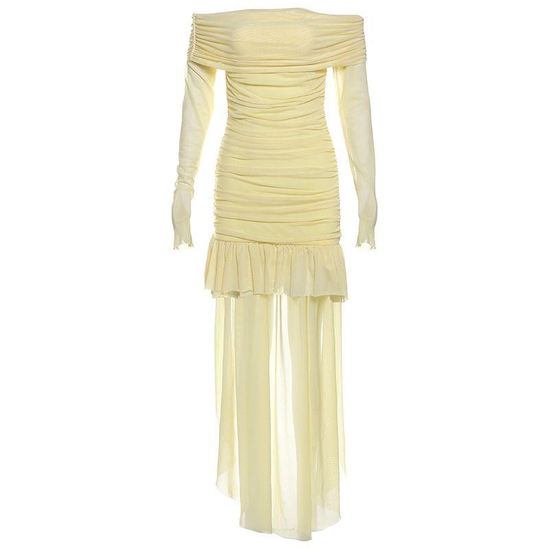 

# Sisjuly# French Style off-Shoulder Dress Women s Asymmetrical Hem Ruched Elegant Slim Fit Skirt Yellow S
