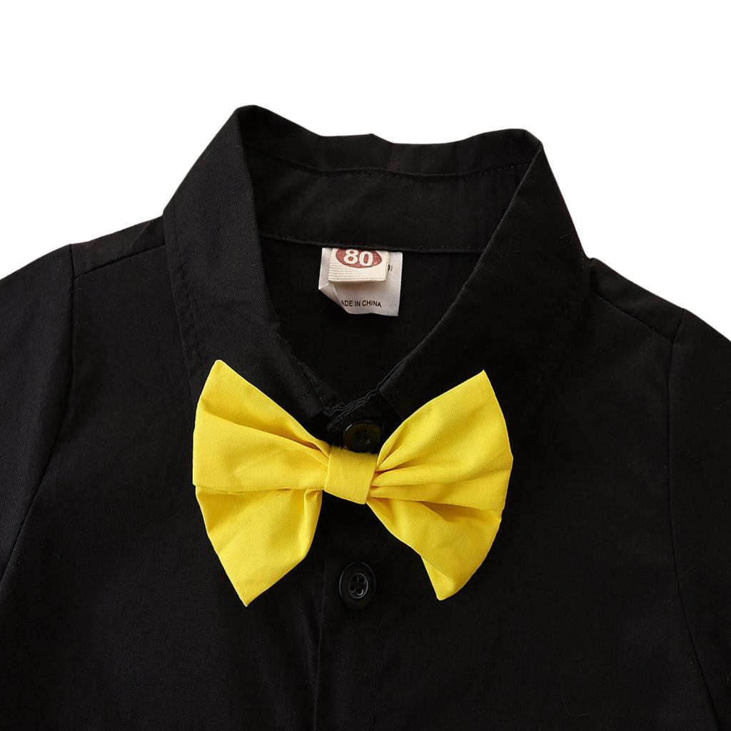 Toddler Boys Gentleman Suits, Summer Short Sleeve Bowtie Lapel Shirt + Bib Shorts Set