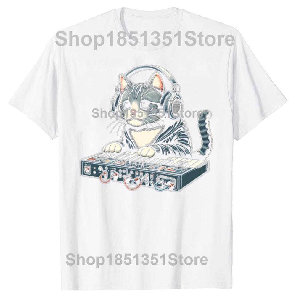 Funny Cat Synthesizer Music Synth Electro Techno Graphic Tshirts Men Fashion Casual Tshirt 100 Cotton Loose Oversized T Shirt