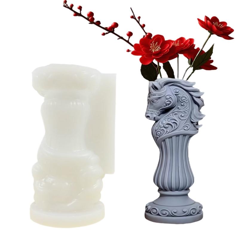Horse Head Roman Column Vase Resin Silicone Mold Pattern Relief Horse Flower Vase Chess Horse Vase Gypsum Molds Christmas Gift