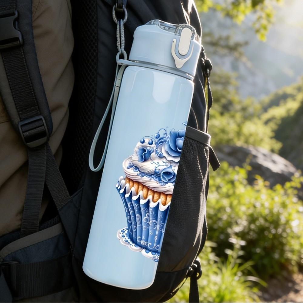1PC Blue Frosted Cupcake 750ml Color Plastic Sports Water Bottle Leakproof Flip Straw Lid Suitable for Sports Office Home Use