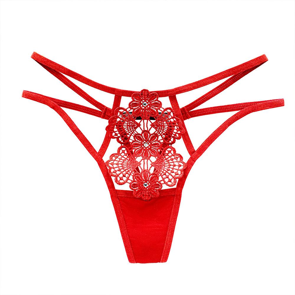 French Light Luxury Hollowed-out Thong Female Temptation Hot Diamond Embroidery Perspective Interwoven Thin Strap Sexy Underwear