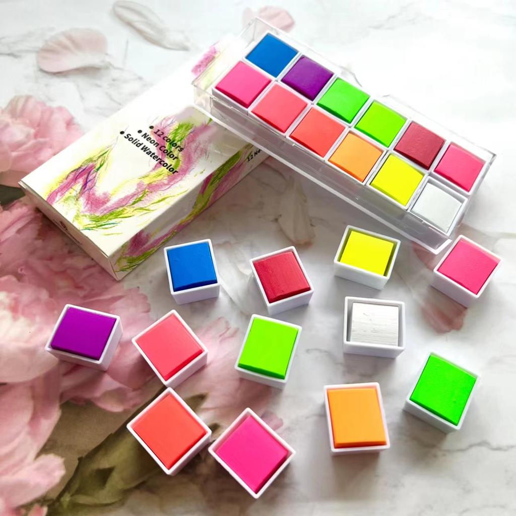 Aquarellfarben-Set mit 12 Farben, leuchtende Neonfarben, Künstler-Kunst-Set zum Malen auf Stoff, Papier, DIY-Basteln, Nagelkunst