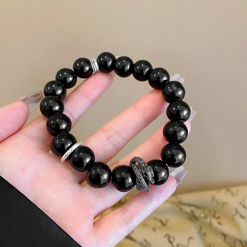 New Chinese retro black safety buckle bracelet women's double circle beaded bracelet couple same hand