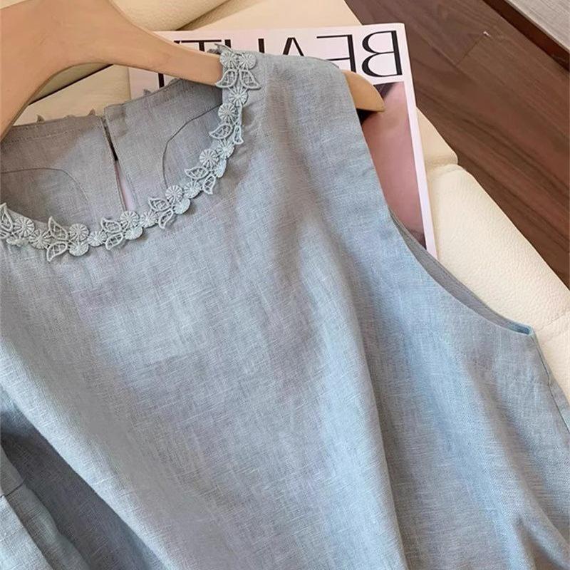 Ärmelloses Sommer-Set für Damen mit bestickter Spitze, bestehend aus Hemd und Shorts