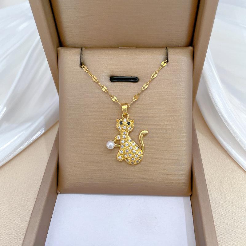 Titanium Steel Pearl Cat Light Luxury Temperament Gorgeous Full Diamond Necklace Female Versatile Collarbone Chain Titanium Steel Chain