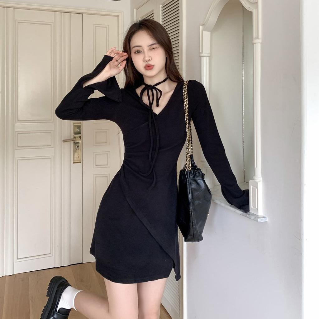 Pure desire wind V-neck long-sleeved dress women's season small man waist thin wrinkles irregular straps short skirt