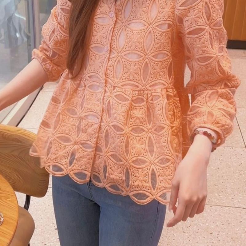 Chemisier en dentelle brodée française pour femme, automne, amincissant, tendance, manches longues