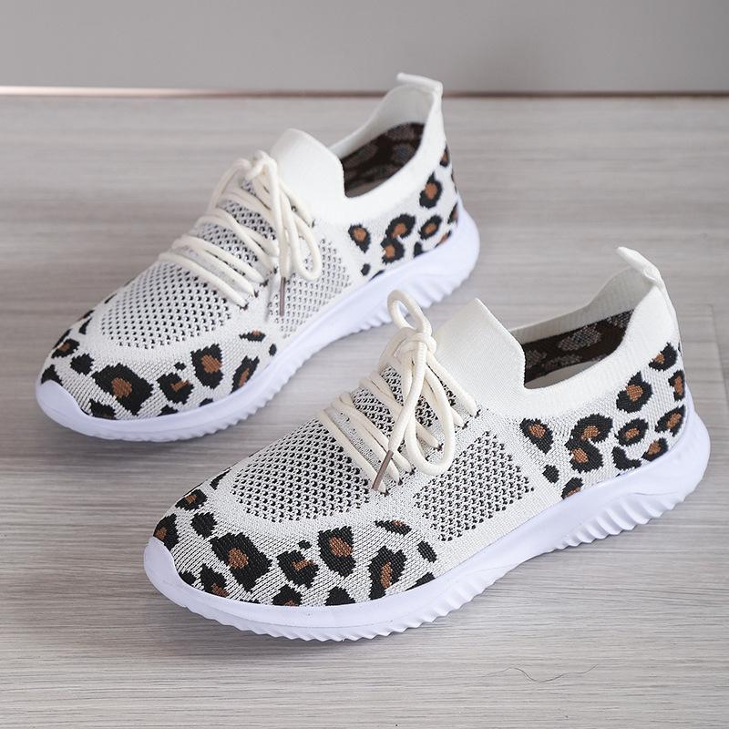 Women's shoes spring new leopard print fly-woven flat-bottom mesh casual sports single shoes women