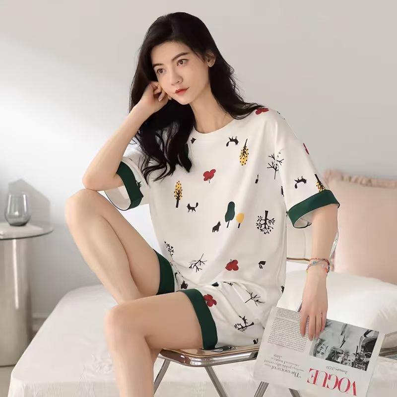 Factory Women's Pajamas Summer Cotton Short-sleeved Shorts Set New Year's Simple Casual Thin Loungewear