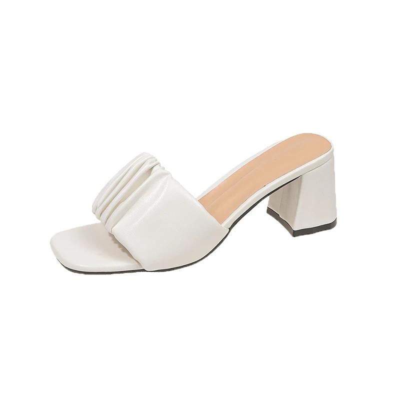 Fashion Shoes Female 2025 Open Toe Women's Slippers Fashion Dress Slippers Women Square Toe Pleated High Heels Plus Size Modern Sandals