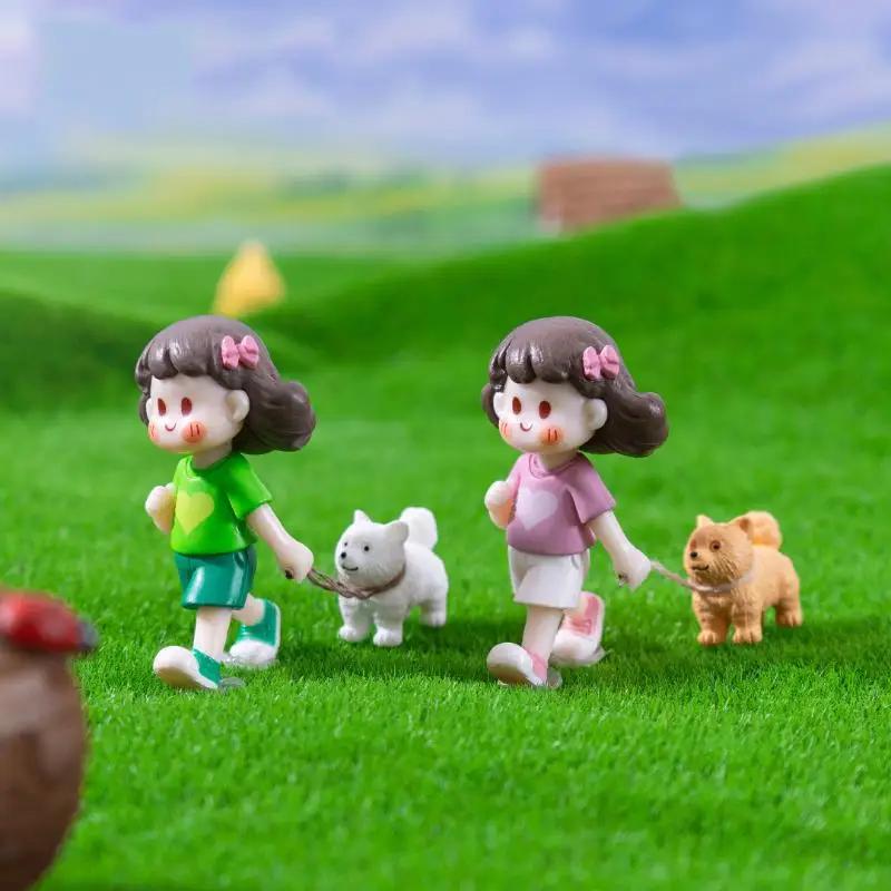 1Pc Fairy Garden Dog-Leading Girl Doll Figures Micro Landscape Valentine's Day Gift PVC Crafts Fairy Garden Decor Home Ornament