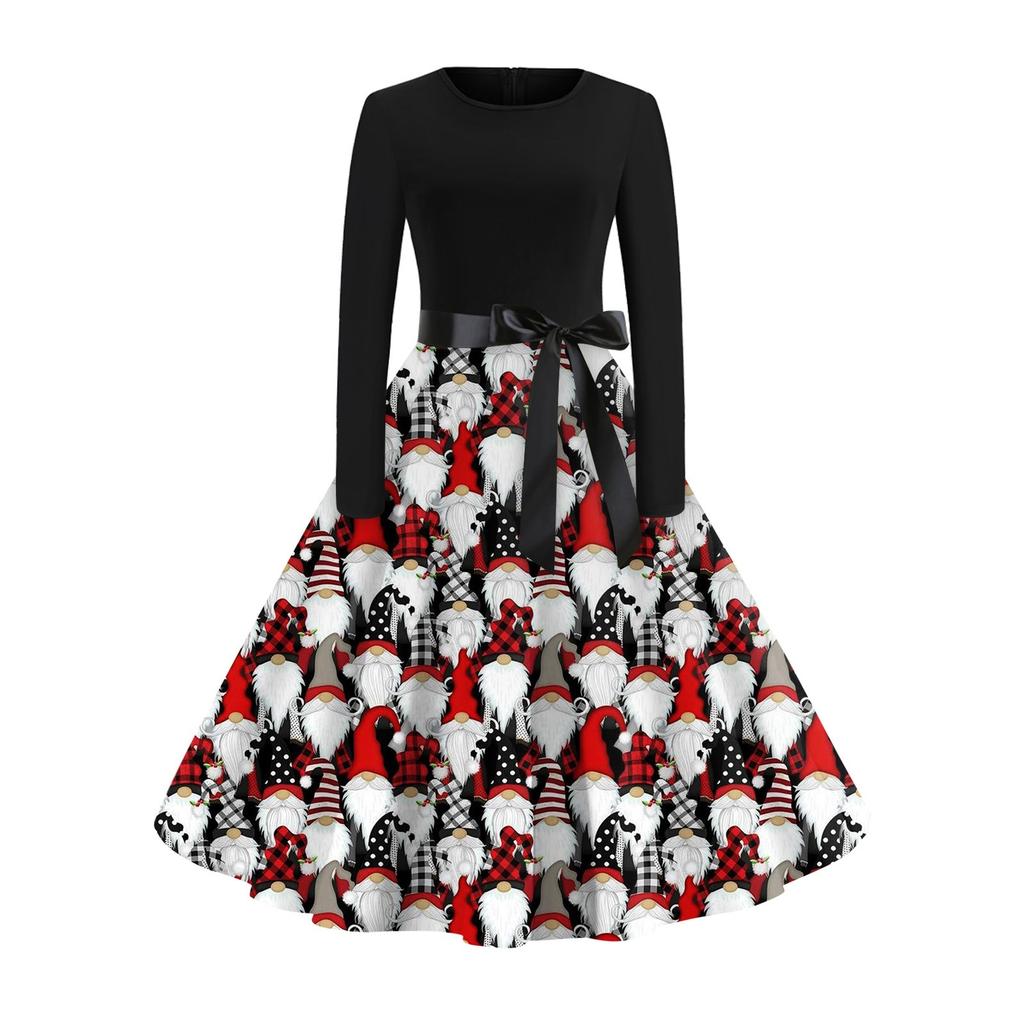 Women's Vintage Dress Long Sleeve Christmas Print Round Neck Swing Dress