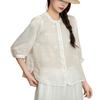 Women Shirt Round Neck 46085 Sleeve Buttons Placket Shirt Tops Pure Color Floral Embroidery