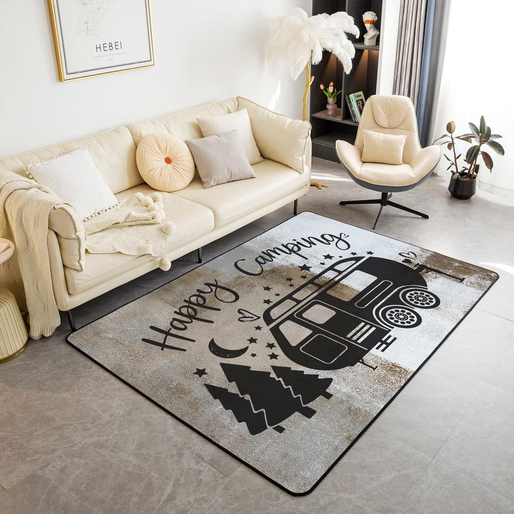 Happy Camping Living Room Rugs,Rv Car Area Rug,Vintage Farmhouse Style Non Slip Carpet, Camper Indoor Floor Mat for Travel Lover