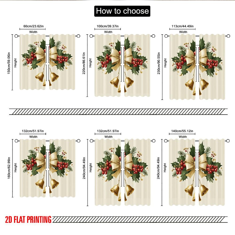 2pcs 2D Flat Printing Christmas Classic Hot Curtains Christmas Holly Bells Garland Digital Printed Polyester Drapes Family Party