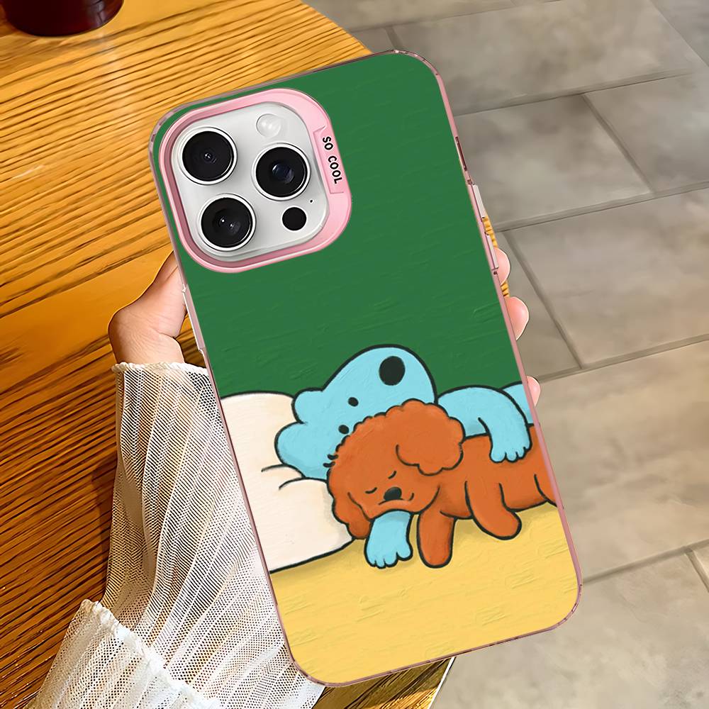

Cartoon Blue Brown Dog Pink Border Phone Case For iPhone 17 16 15 14 13 12 11 Pro Max Plus Pro Colorful Shell iPhone 12