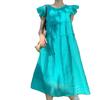 Blue small flying sleeve dress women's summer new French temperament wooden ear edge loose and thin knee medium and long skirt