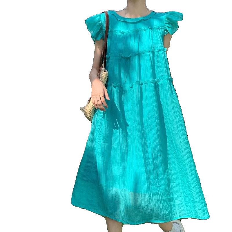 Blue small flying sleeve dress women's summer new French temperament wooden ear edge loose and thin knee medium and long skirt