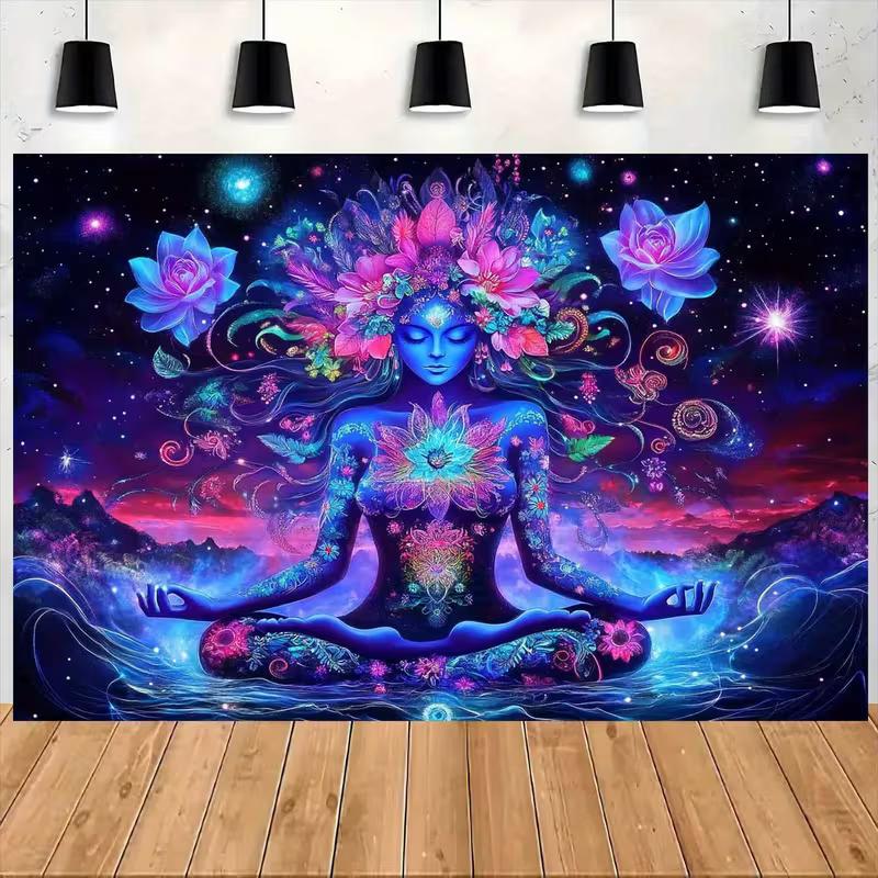 2D Yoga Goddess Tapestry, Cosmic Lotus Meditation Background Cloth 47.2x31.5inch/120*80cm