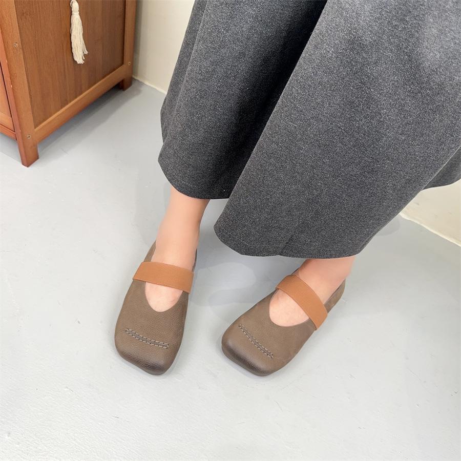 Johnature Flache Schuhe aus Rindsleder mit quadratischer Zehenpartie, Halbschuhe, echtes Leder, weiche Sohle, vielseitige Damenschuhe