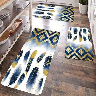 1Pcs Bohemian Feather Pattern Floor Mat Modern Kitchen Polyester Rug Non-Slip Colorful Indoor Carpet, For Home Bathroom Bedroom Living Room Decor
