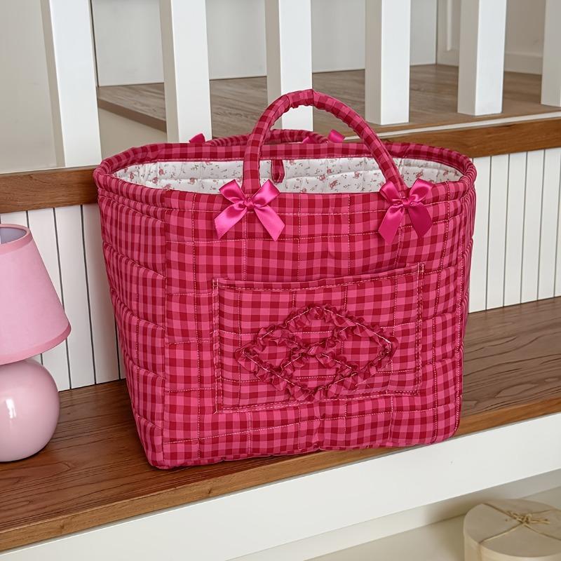 Vermilion Plaid Storage Basket with Stone Handles, Ins Style Portable Organizer for Bathroom Laundry & Sundries