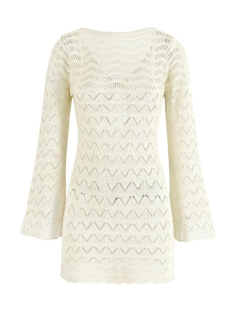 Sexy Boho Striped Chic V-neck Cut Out Bell Sleeve Knit Dress 2025 Summer Women Seaside Holiday Mini A-Line Dress K123