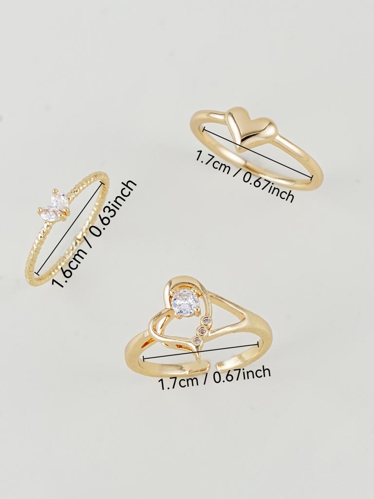 3pcs Set Cubic Zirconia Inlaid Heart Shaped Rings, Suitable For Women's Daily, Party, Date Wear, Stackable, Perfect Gift