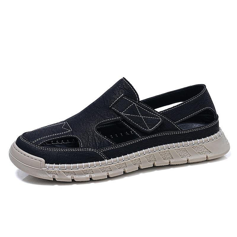 Baotou Hole Shoes Men's One-pedal Velcro Casual Men's Shoes Breathable Mesh Hollow Large Size Handmade Sandals