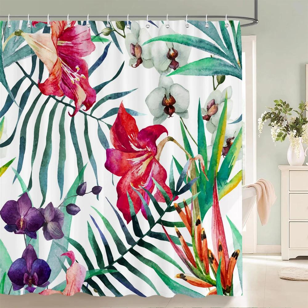

Високоякісні барвисті квіти Тканина для душової завіси Водонепроникний друк Квіткові штори для ванної кімнати, прикрашені гачками W90xH180cm