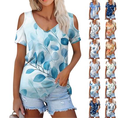 Women's Summer Fashion Casual Floral Print Off-the-shoulder V-neck Short-sleeved T-shirt Top