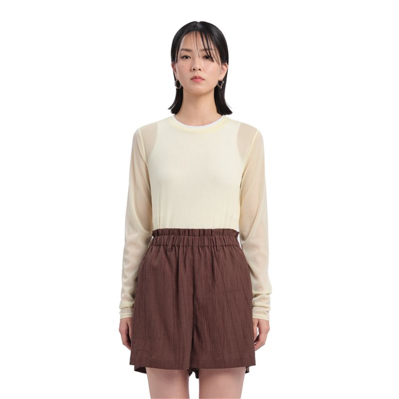 Kong Trendy Brand Ini*** Mesh Elastic Slim-Fit Women's Spring and Autumn Long-Sleeve Base T-Shirt, Round Neck, Lightweight, Breathable, Solid Color