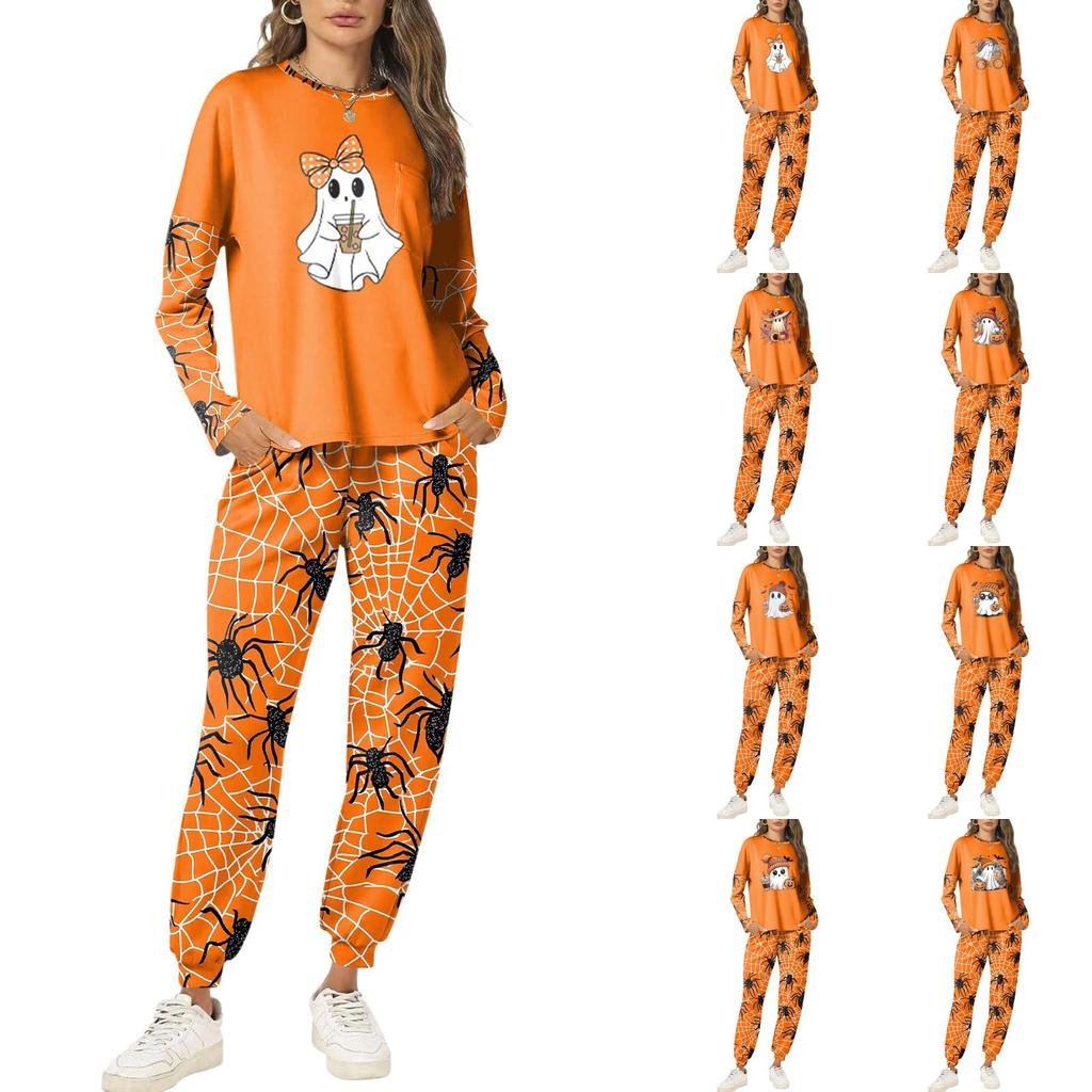 Women's Casual Sweatshirt and Jogger Set with Halloween Print, Round Neck, Loose Fit, Chest Pocket