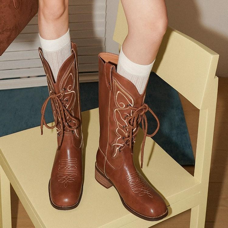 Cowhide version~ Retro embroidered bow-tie western cowboy boots women's V-buckle versatile and thin thick heel fashion boots