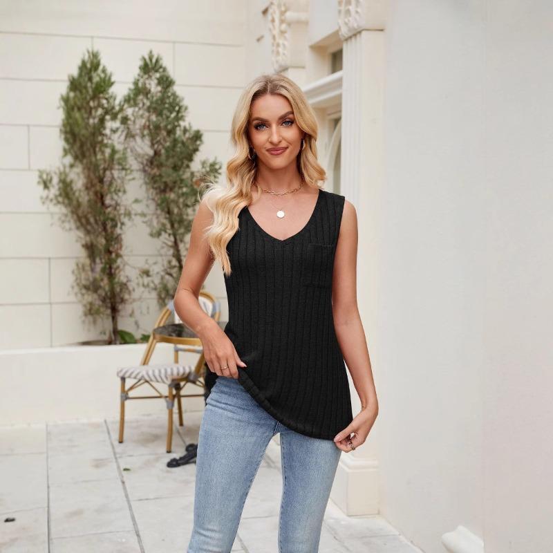IHUASU Women's Fashion Casual Solid Color Print Sleeveless V Neck Blouses & Shirts