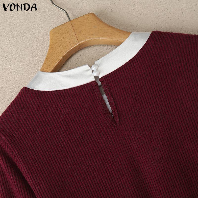 VONDA Autumn Women Long Sleeve Stitching Texture Rib Knitted Casual Bodycon Long Dress