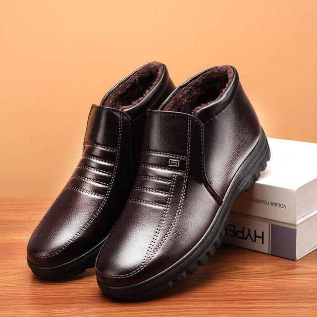 

Зимняя непромокаемая мужская повседневная кожаная обувь, фланелевая мужская повседневная обувь без шнуровки с высоким берцем, резиновая теплая зимняя обувь для мужчин 45 красно-коричневый
