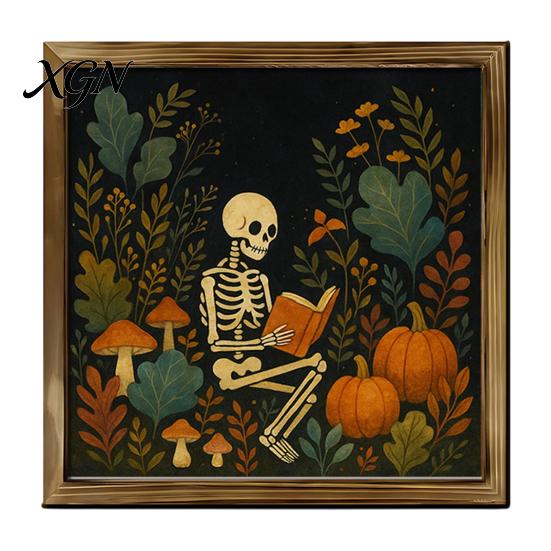 Distressed Halloween Party Props Ghost/Witch/Skeleton Decorative Painting, Wall Mount Square Wood Frame Wooden Decor Picture for Home