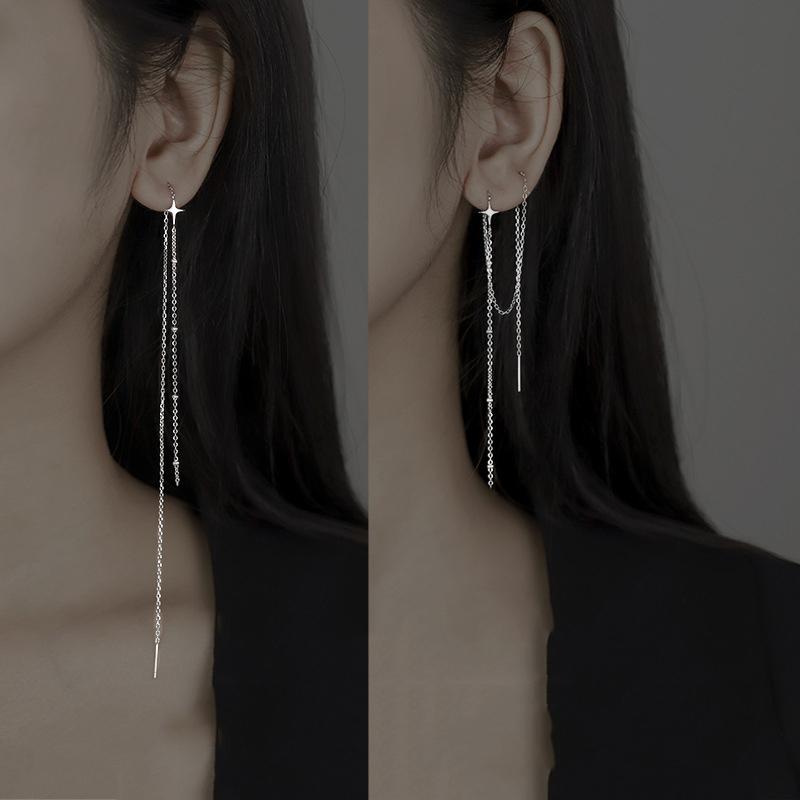 1Pc S925 Silver Needle Long Tassel Star Ear Line Drop Earrings Fashion Women Fine Jewelry Earrings for Girls Party Gift